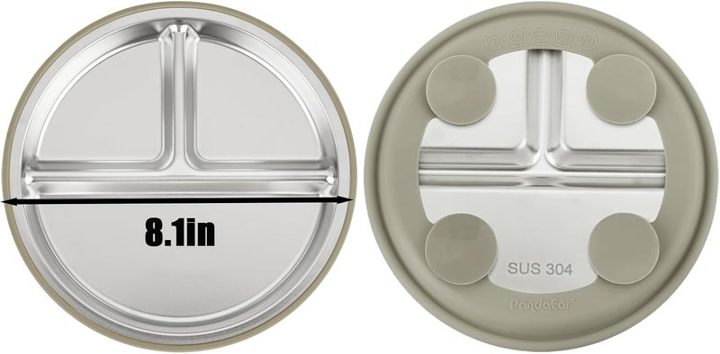 PandaEar 8PCS Baby Feeding Set | Stainless Steel Suction Plates and Bowls with Silicone Fork and Spoon Utensils | Baby Led Weaning Tableware for Toddlers & Kids (Tan & Walnut) - Image 4